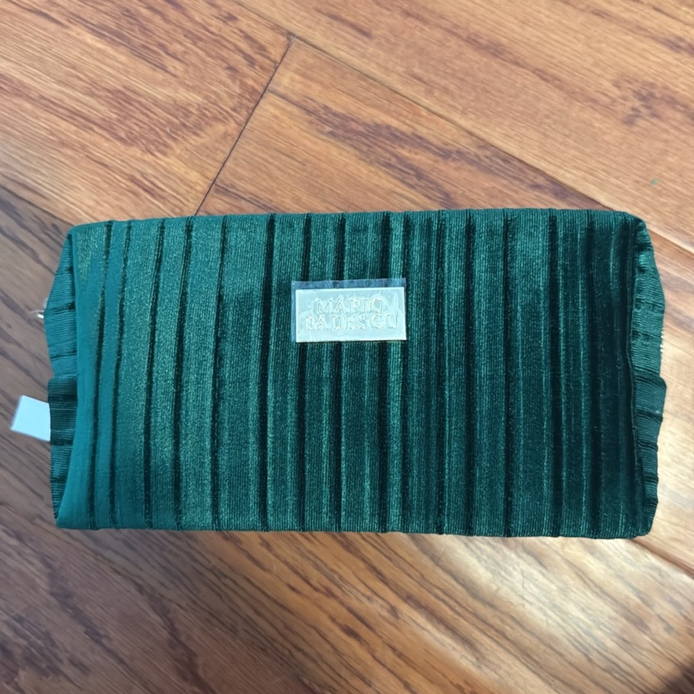 NWT Mario Badescu makeup bag green velvet texture stripe